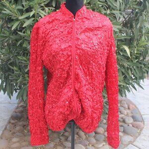 Scarlett Nite Red Jacket Woman Size Medium Popcorn Sequin  L/S Glitter Full Zip